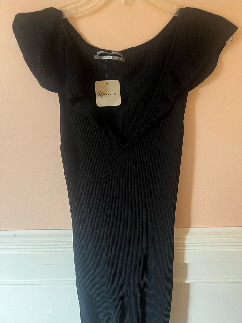 Anthropologie Maxi Dress Sweater Black Cap Sleeve V Neck Elegant Knit Sheer chic - Picture 9 of 14